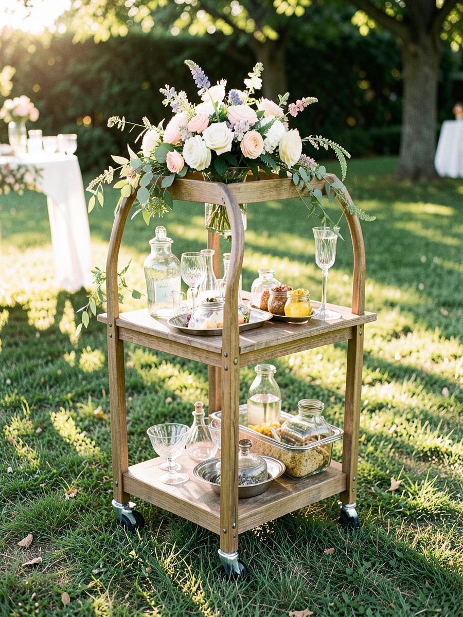 Custom-built 6-foot rolling mobile bar with florals and glassware