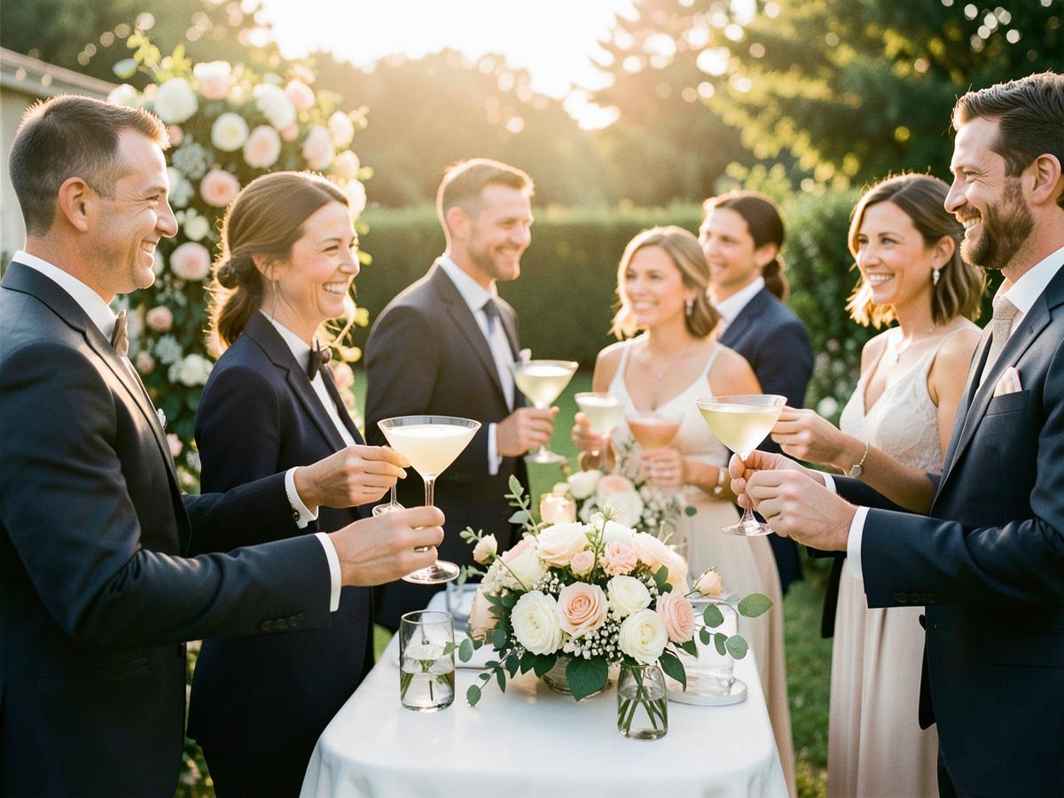 Guests toasting with coupe glasses at golden hour