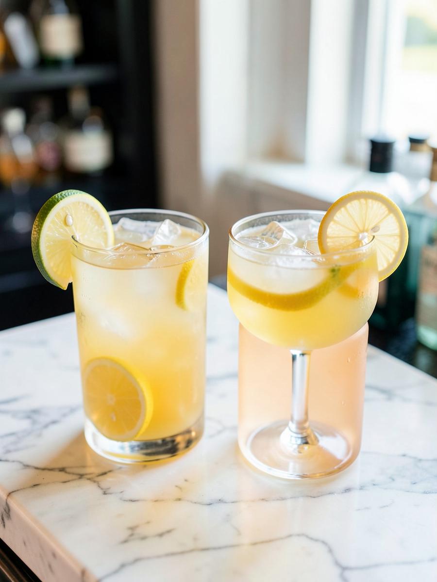 Two craft cocktails with citrus garnish on a marble bar
