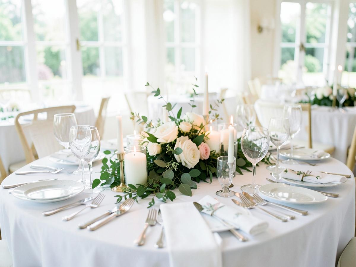 Wedding reception table with candles, greenery and glassware