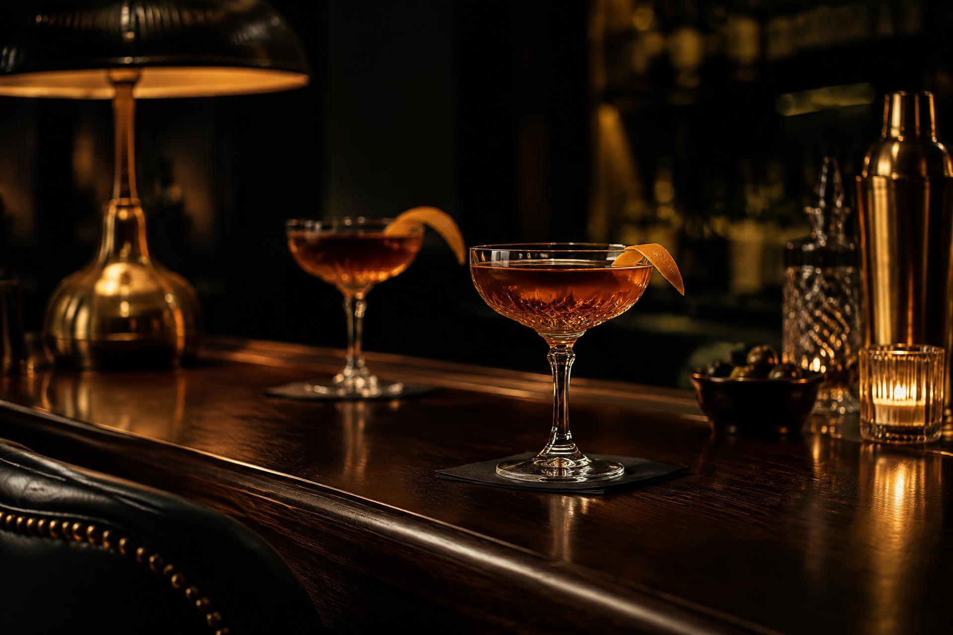 Two coupe glasses of amber cocktails on a polished bar