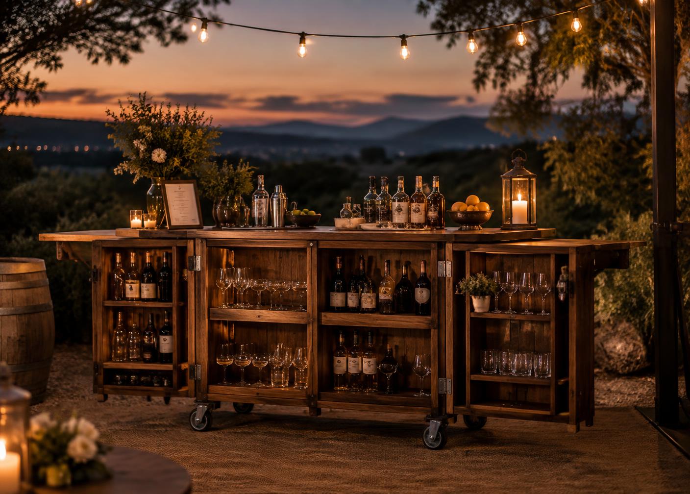 Custom-built 6-foot rolling mobile bar set up outdoors at dusk with glassware and string lights